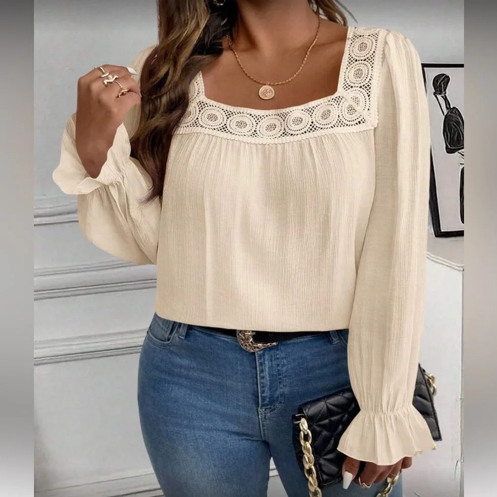 Elegant Cream Lace Trim Women's Top
